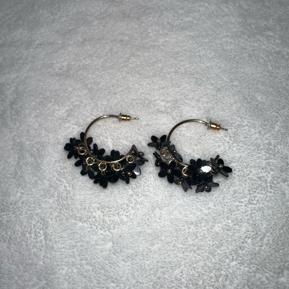 Express Black and Gold Floral Hoop Earrings